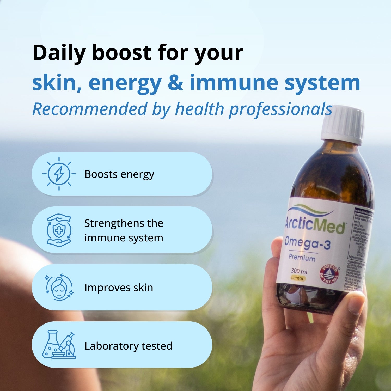 ArcticMed Omega-3 Premium bottle held by a person, with text highlighting benefits for skin, energy, and immune system.