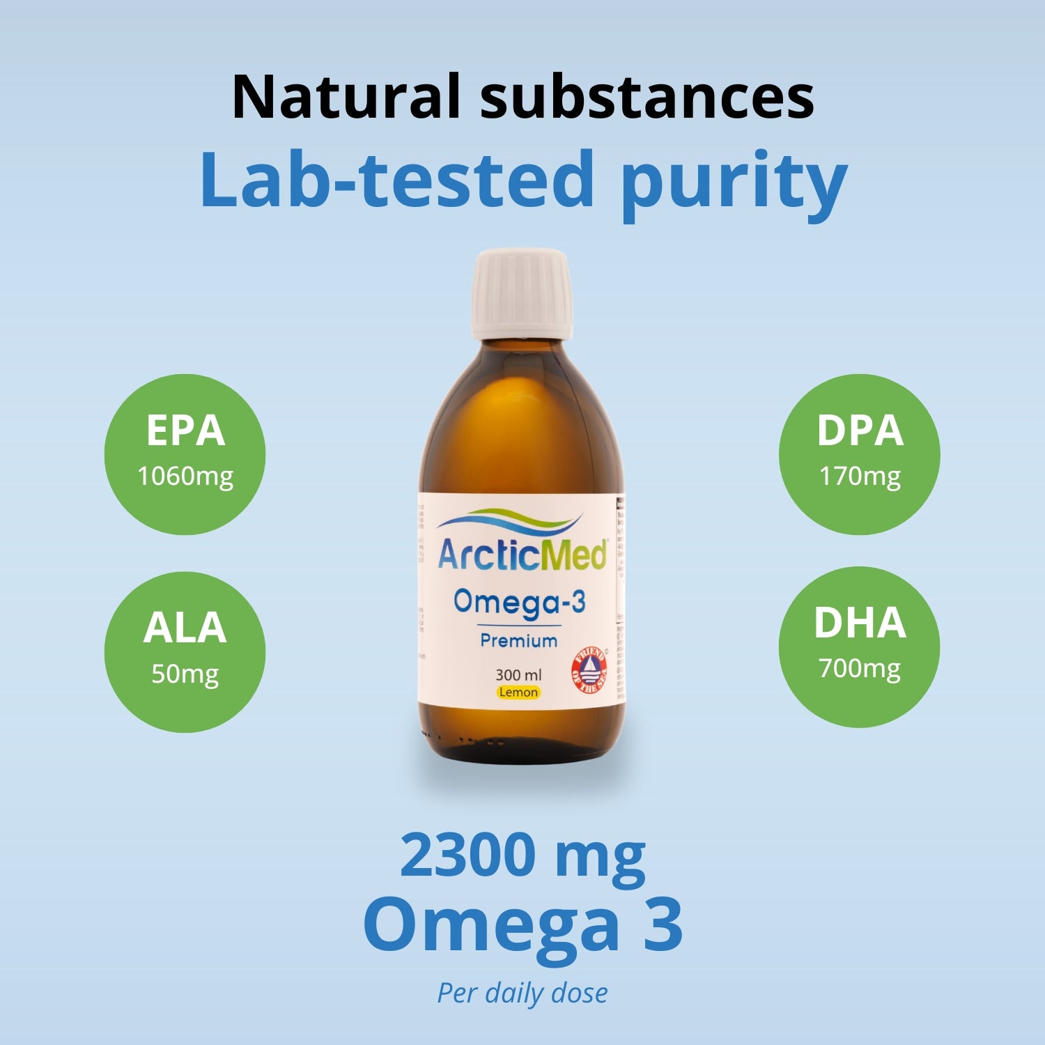 ArcticMed Omega-3 Premium bottle, 300 ml, with labels showing EPA 1060 mg, DHA 700 mg, DPA 170 mg, and ALA 50 mg.
