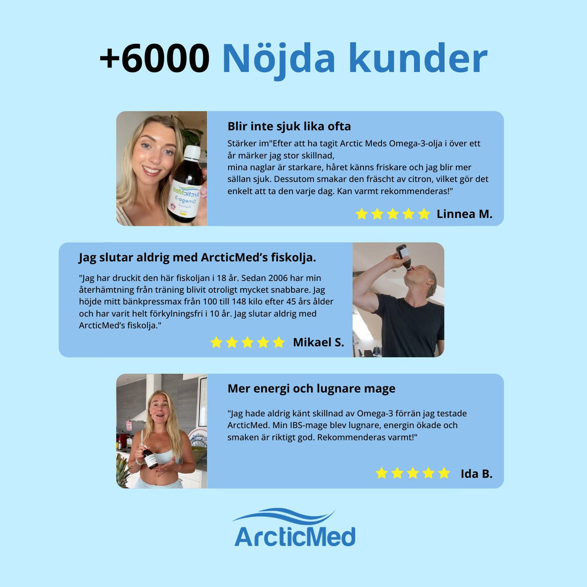 Three customer testimonials for ArcticMed Omega-3 with photos of people holding or using the glass supplement bottles.
