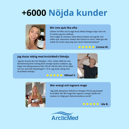 Three customer testimonials for ArcticMed Omega-3 with photos of people holding or using the glass supplement bottles.