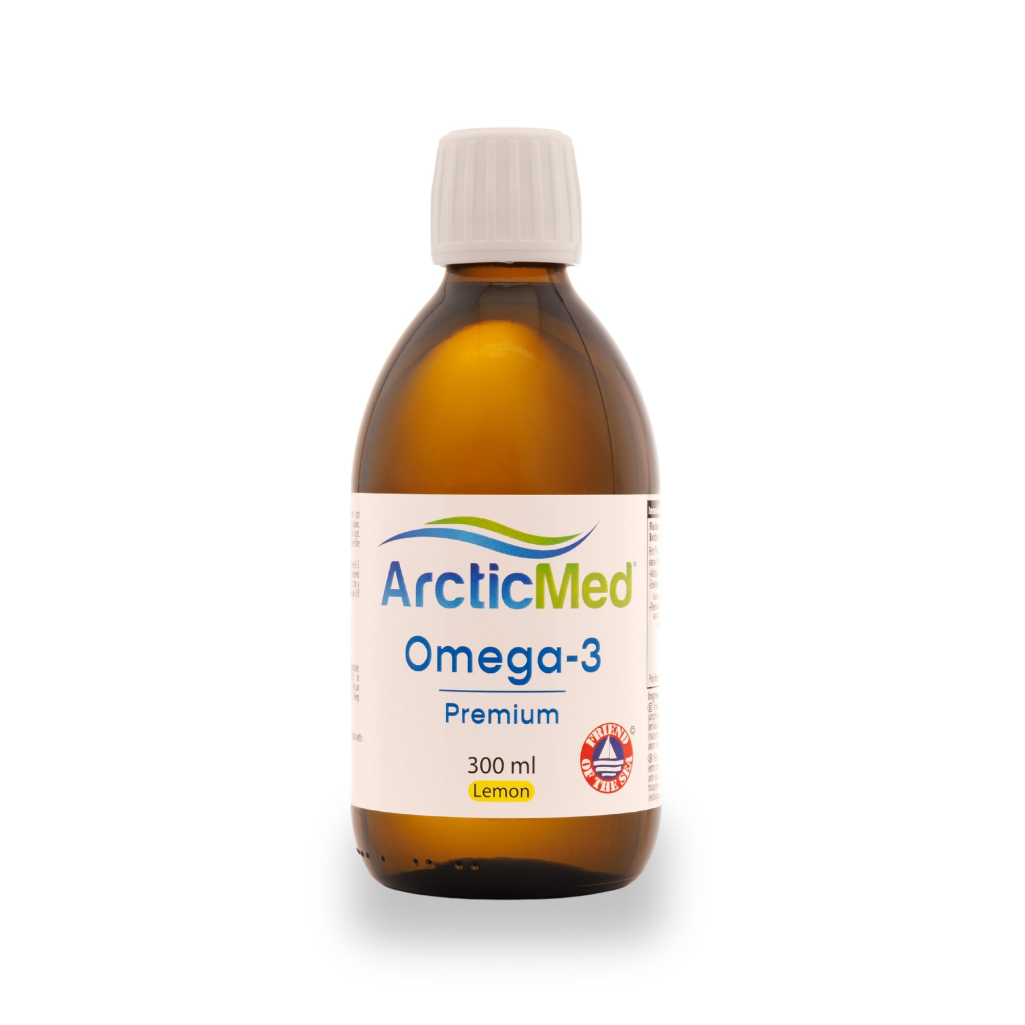 ArcticMed Omega-3 Premium 300 ml lemon-flavored liquid in a brown glass bottle with a white cap.