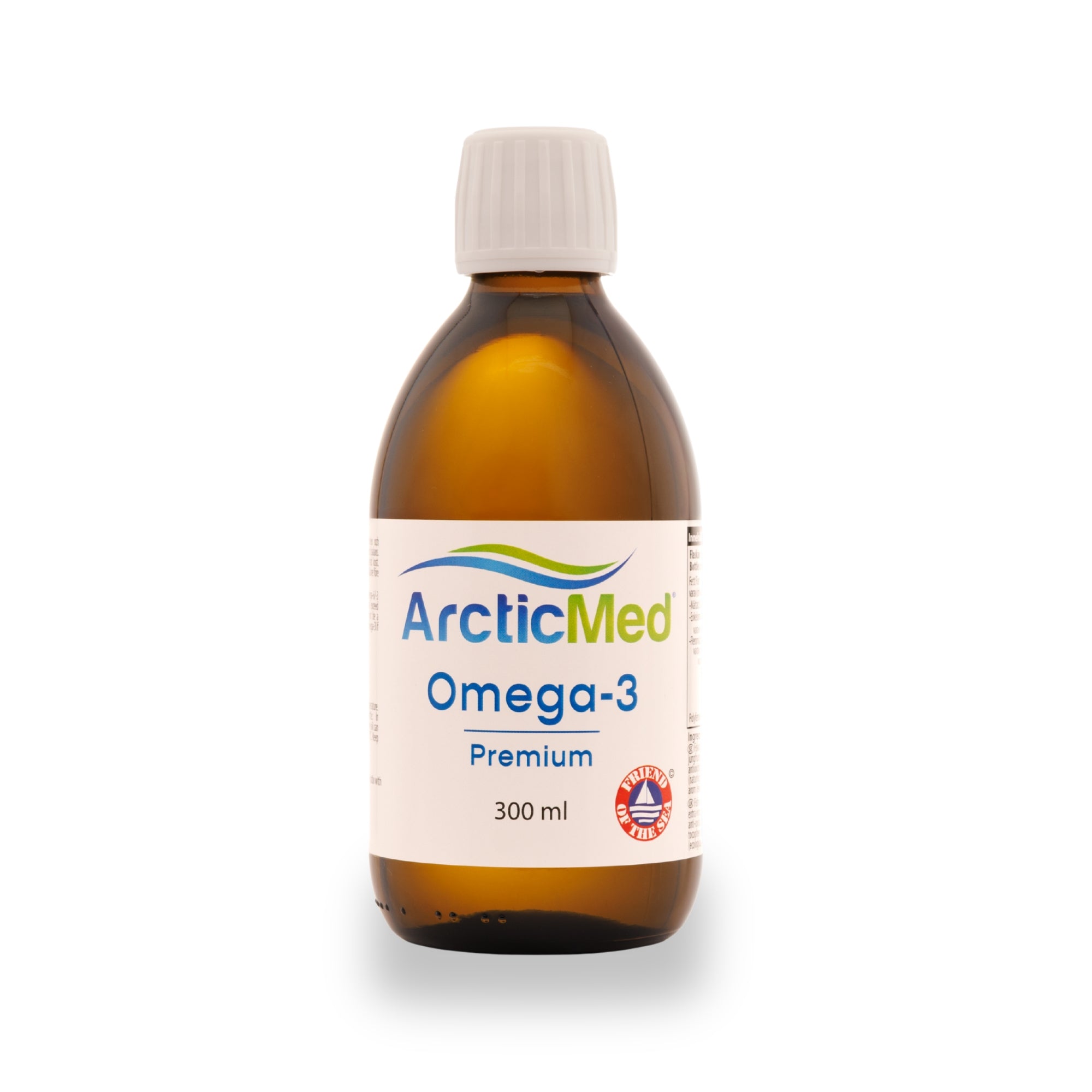 ArcticMed Omega-3 Premium liquid supplement in a 300 ml brown glass bottle with a white cap.
