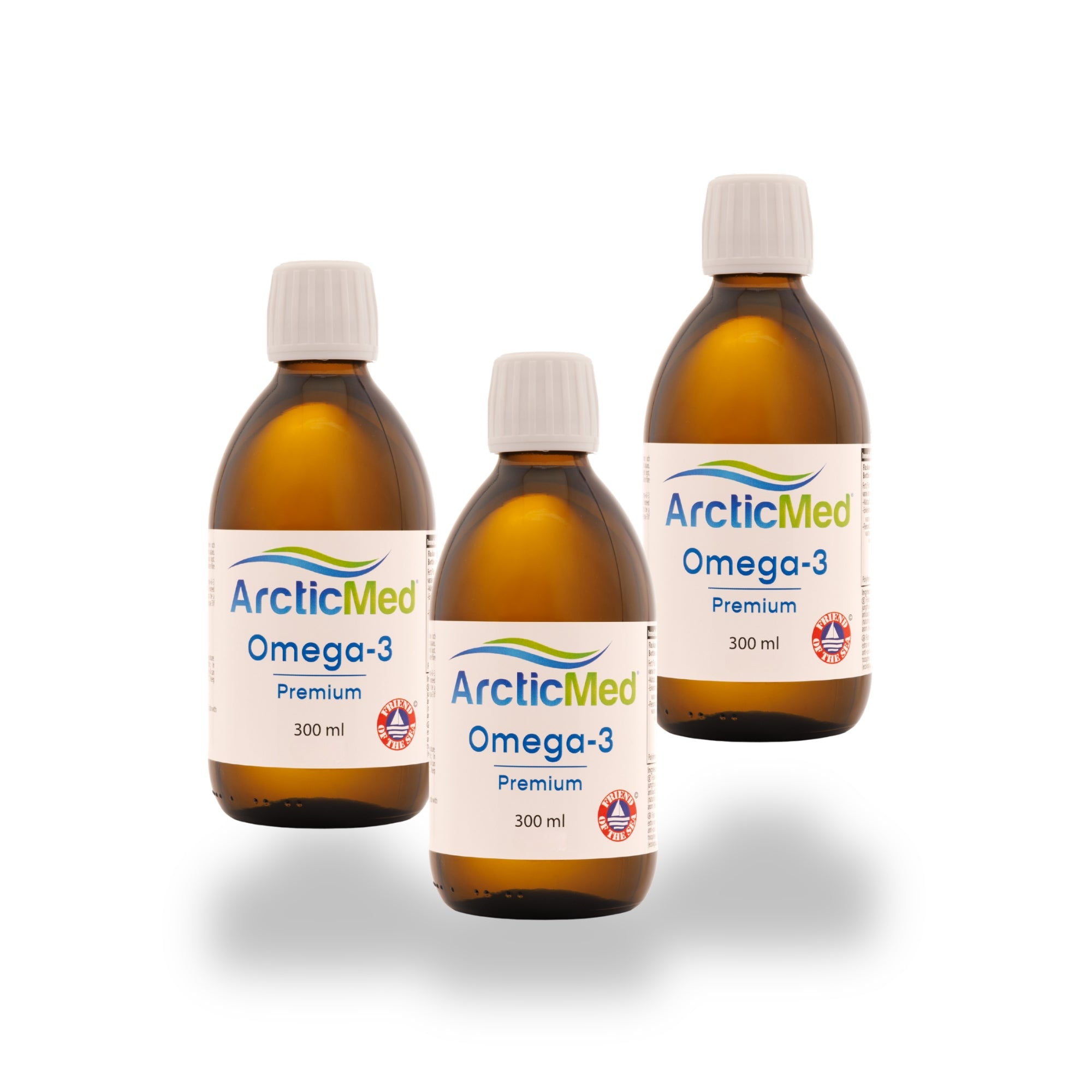 Three brown glass bottles of ArcticMed Omega-3 Premium, each 300 ml, with white caps and labels.