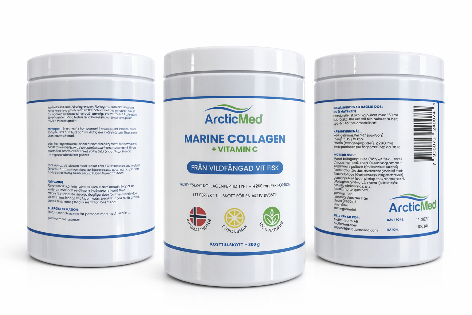 ArcticMed Marine Collagen med vitamin C – burk fram, sida och baksida med fullständig ingrediens- och näringsinformation